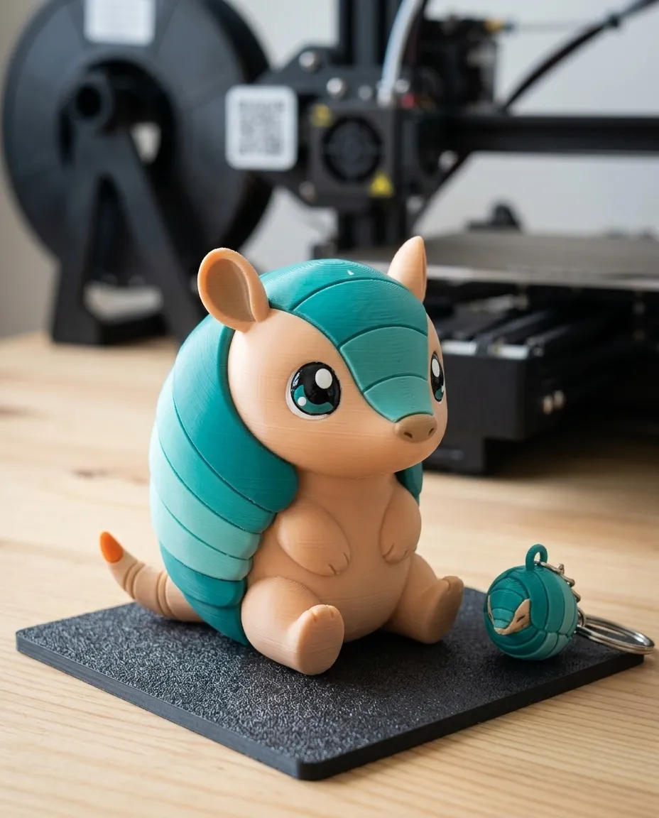 Figura de Moxi impresa en 3D sobre una mesa de taller, junto al llavero de Moxi en bola y una impresora al fondo
